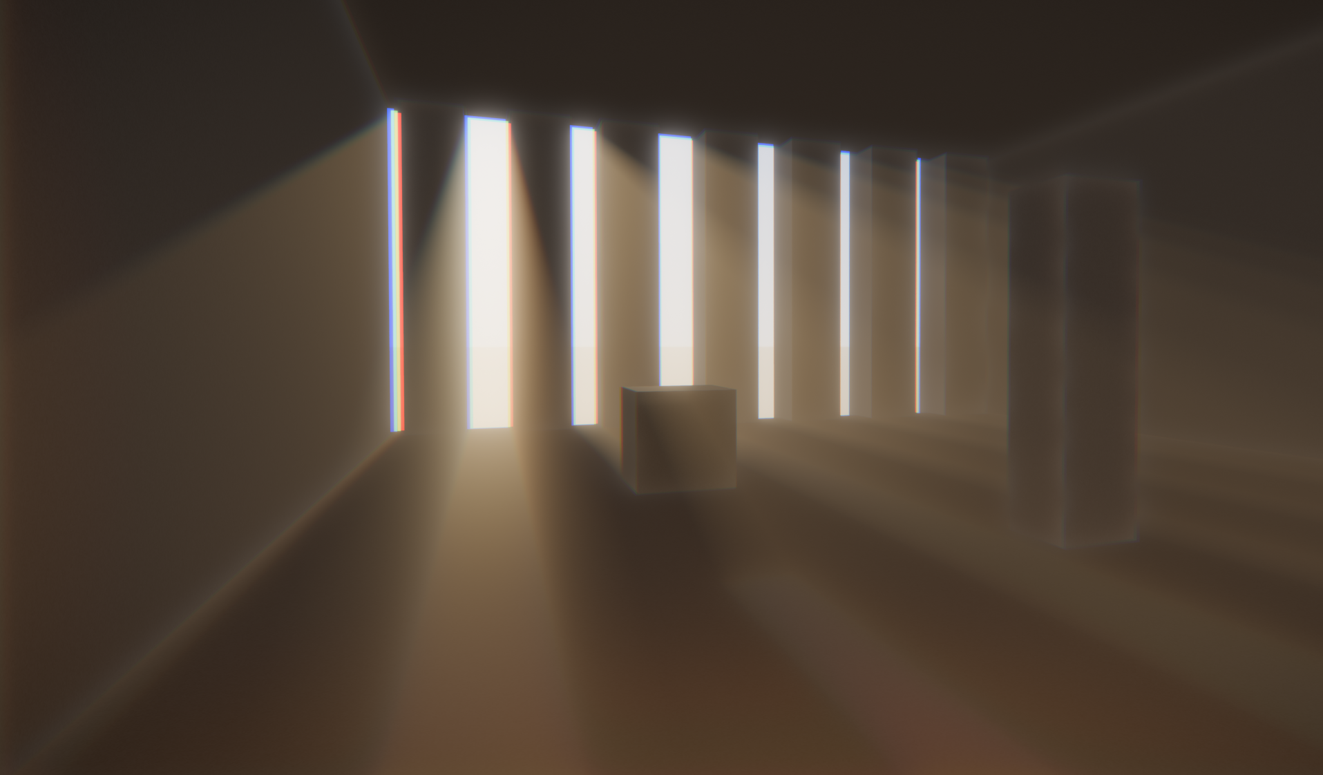 Godrays: path-traced shafts through a slotted wall, nothing baked