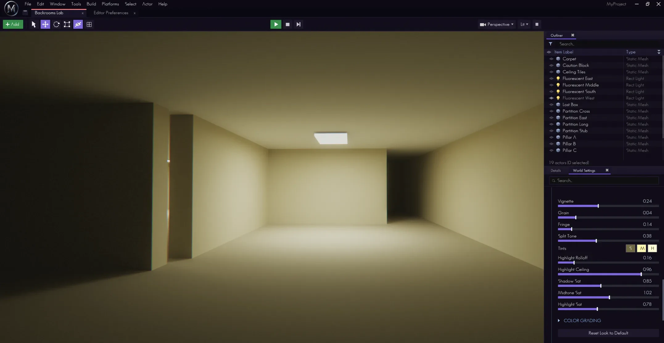 The level editor — the path tracer running real-time, one ceiling panel lighting the whole room