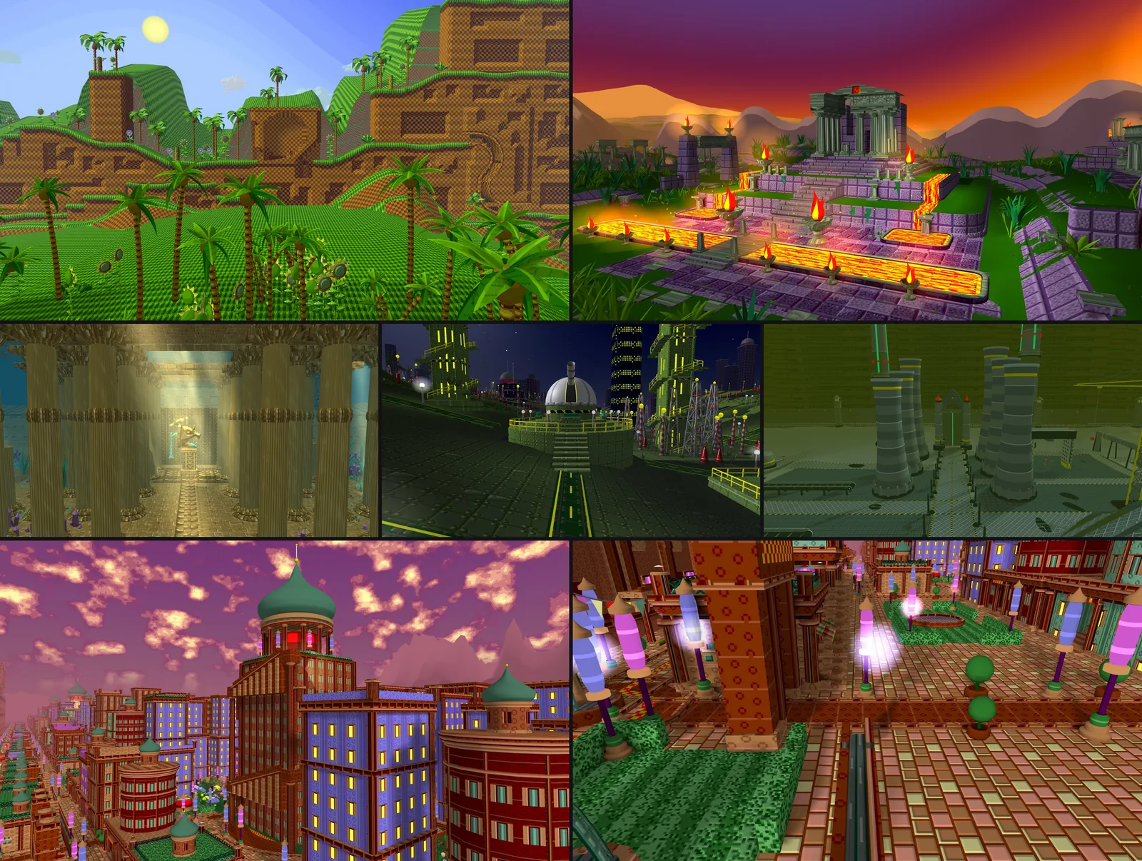 Sonic the Hedgehog rebuilt in 3D: Green Hill's palms and checkered cliffs, Marble's lava-lit temple, Labyrinth's sunlit columns, Star Light's domed observatory, Scrap Brain's towers, and Spring Yard's city at dusk and street level