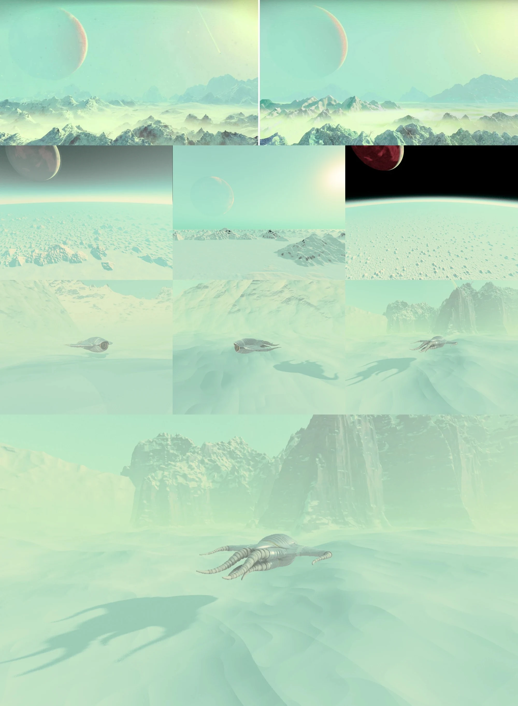 Early work in progress on the infinite universe: a round planet with a pale sky and a ship flying over mountains